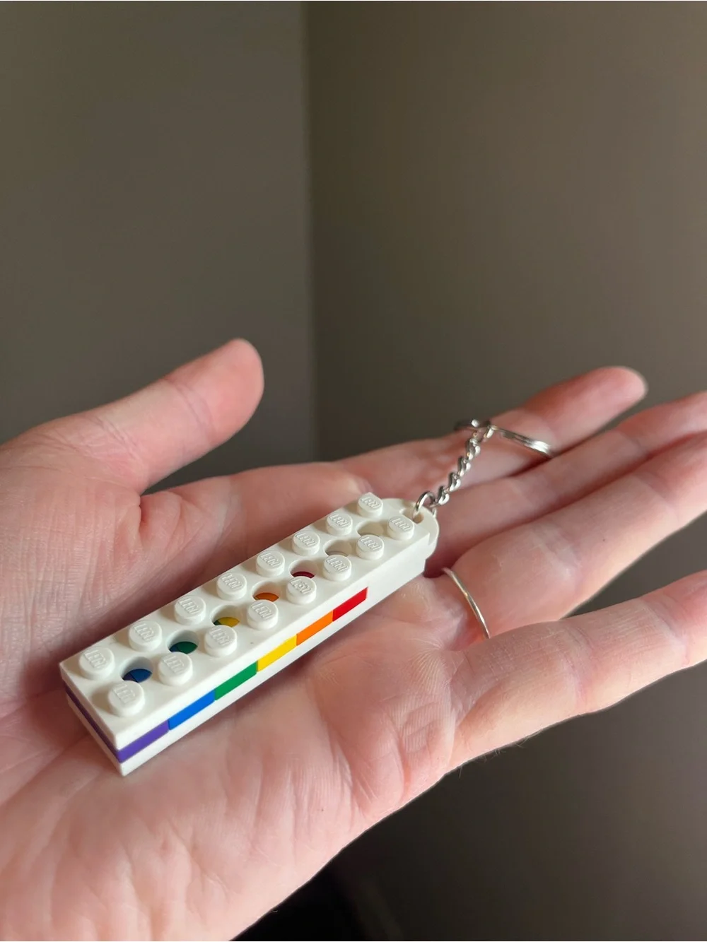 Lego White Keychain with Rainbow Inlay - Handmade